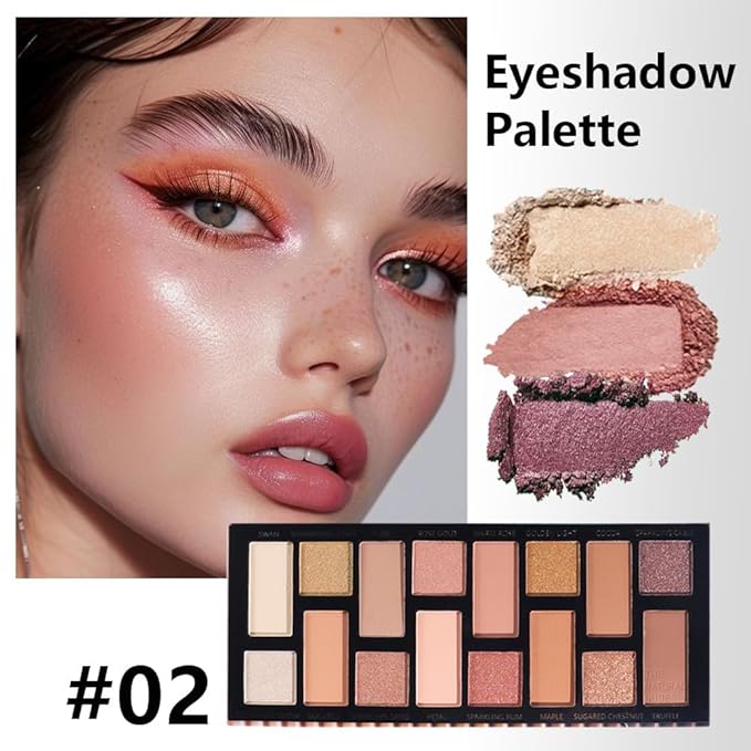 Sixteen Color Matte Shimmer Eyeshadow Makeup Palette, Nude Rose Red Brown Purple Coffee Yellow 16 Color Series, Daily Life & Prom Velvety Matte Glitter Finish Eye Makeup Looks,Vegan & Cruelty-Free 02