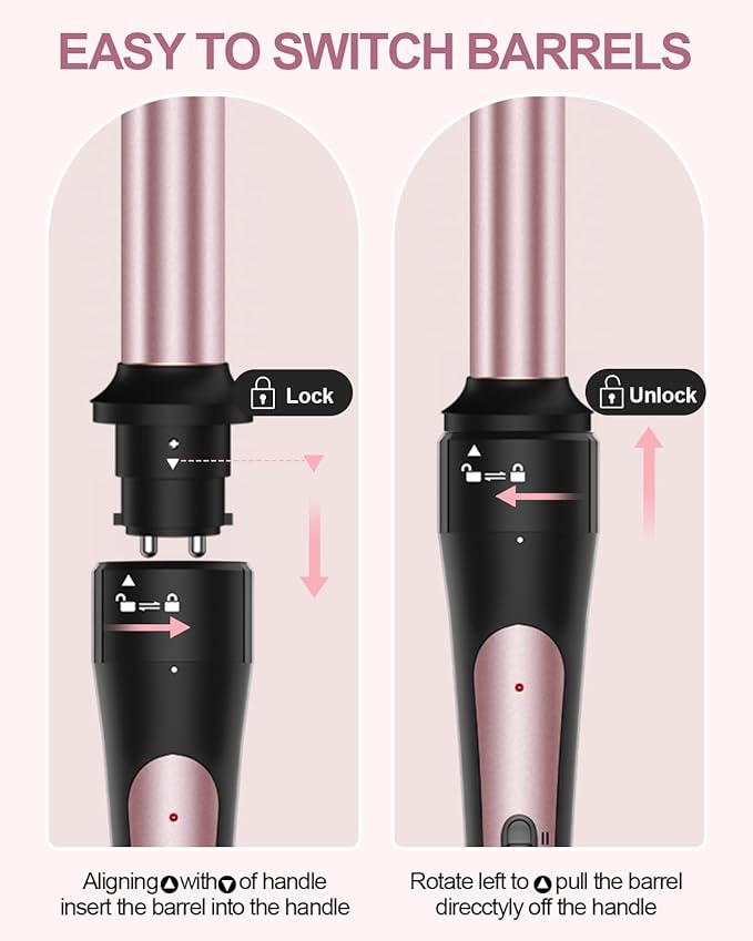 6 in 1 Curling Iron, Curling Wand Set with Thermal Brush (1.5inch) & 1inch Bubble Curling Wand and 3 Interchangeable Ceramic Barrel (0.35"-1.25"), Instant Heat Up With Comb & Protective Glove & 2 Clip