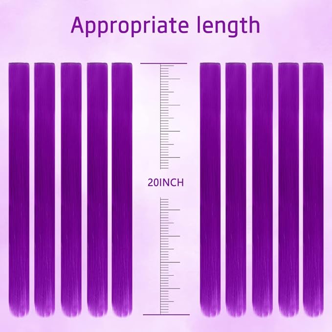 20 Inch Colored Hair Extensions Party Highlights Straight Colorful Clip In Hair Extensions Synthetic Rainbow Hairpieces for Girls Kids Gift(10Pcs Purple)