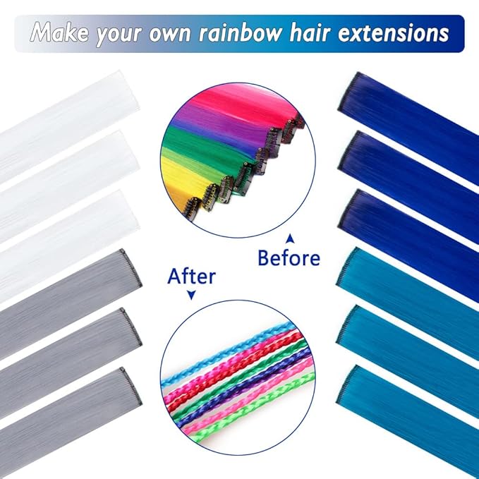 24 Pcs Colored Clip in Hair Extensions 20 Inch Long Straight Party Highlights Synthetic Hairpieces for Women Kids Girls(White, Gray, Blue, Navy blue)
