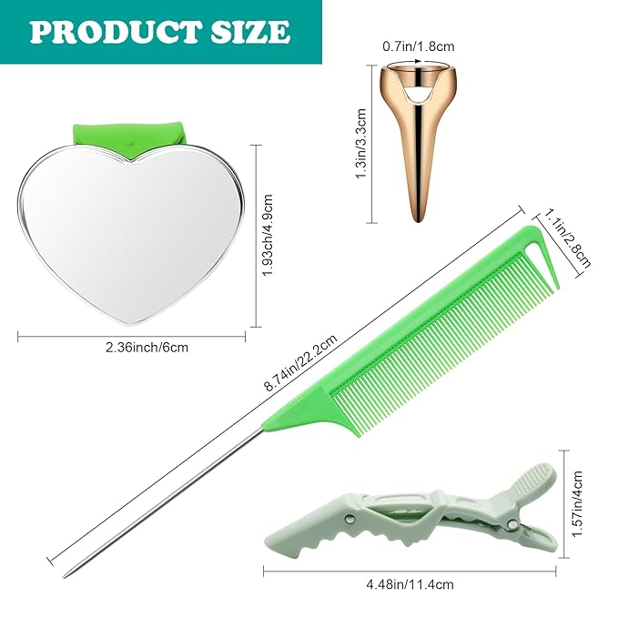 17 Pieces Hair Parting Tools Set Heart, Included 8P Hair Parting Ring 2P Metal Rat Tail Comb 6P Hair Sectioning Clip with 1P Magnetic Wrist Sewing Pin Holder for Braiding (Green)
