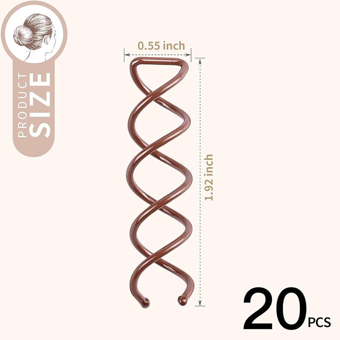 20PCS Spiral Hair Pins, Spin Pins Spiral Bobby Pins for Girls, Women and Kids, Non-Scratch Round Clip & Bun Twist, Stylish Bun Bobby Pins, Premium Spin Pins for Hair, Brown