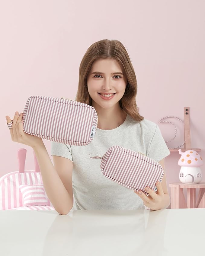 Narwey Small Makeup Bag for Purse Travel Makeup Pouch Mini Cosmetic Bag Zipper Pouch for Women (Dusty Rose Stripe, Small)