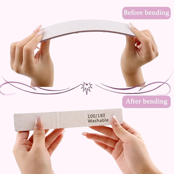 Nail File 12 PCS Professional Reusable 100/180 Grit Double Sides Washable Nail File Manicure Tools for Poly Nail Extension Gel and Acrylic Nails Tools Suit for Home Salon