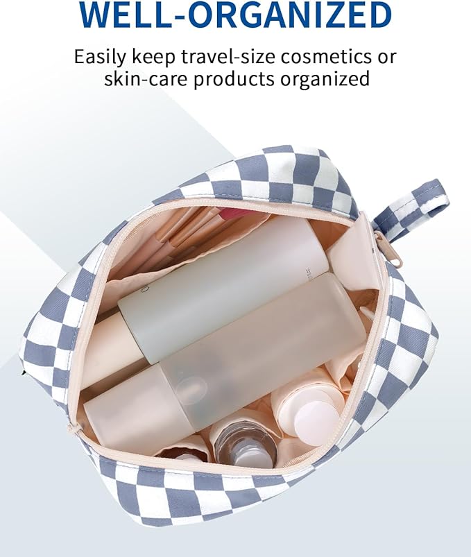 Narwey Checkered Makeup Bag Travel Cosmetic Bag Organizer Small Toiletry Bag Make Up Bags with Organzied Pockets for Women (Grayish Blue Checkerboard, Large)