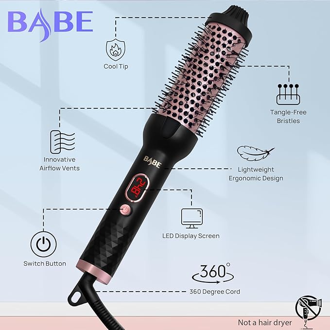 Babe Ceramic Thermal Brush with 10 Temperature Settings, 30s Fast Heated Round Brush for Blow Out Look Quick & Easy to Use with Dual Voltage