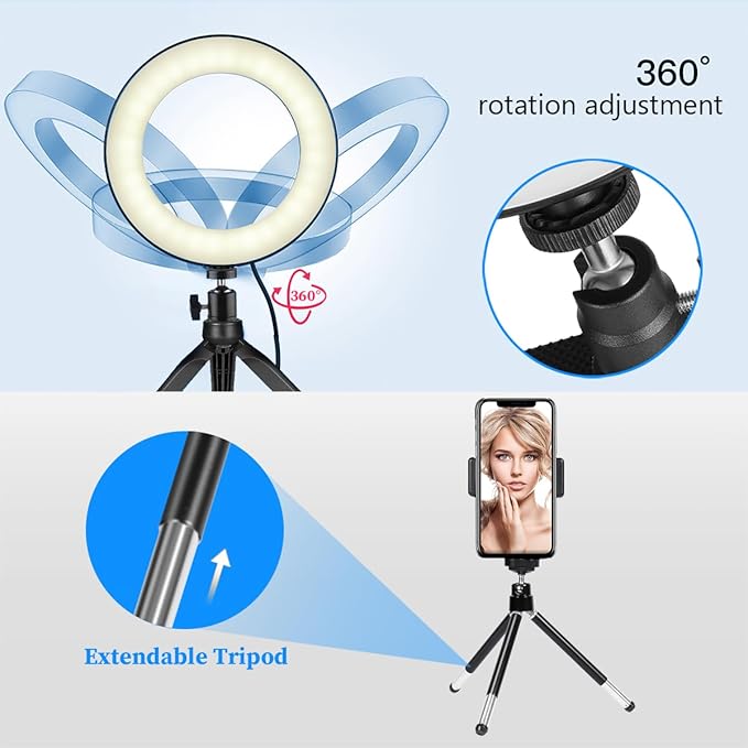 6" Ring Light with Stand & Phone Tripod 11 Brightness Level,Desktop Light for Remote Meeting, YouTube, Selfie, Makeup, Live Streaming,Business Video Call