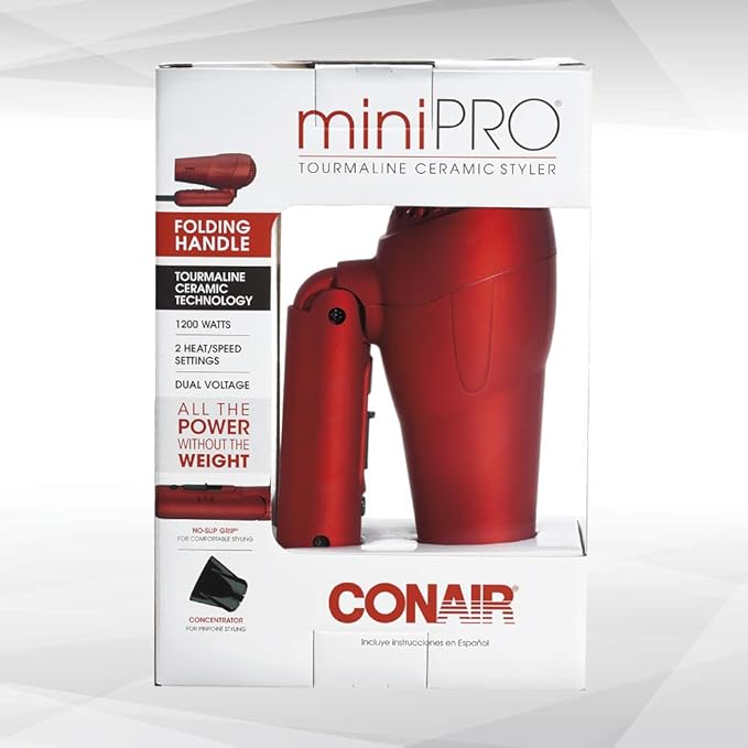 Conair miniPRO Tourmaline Ceramic Travel Hair Dryer with Folding Handle, Red