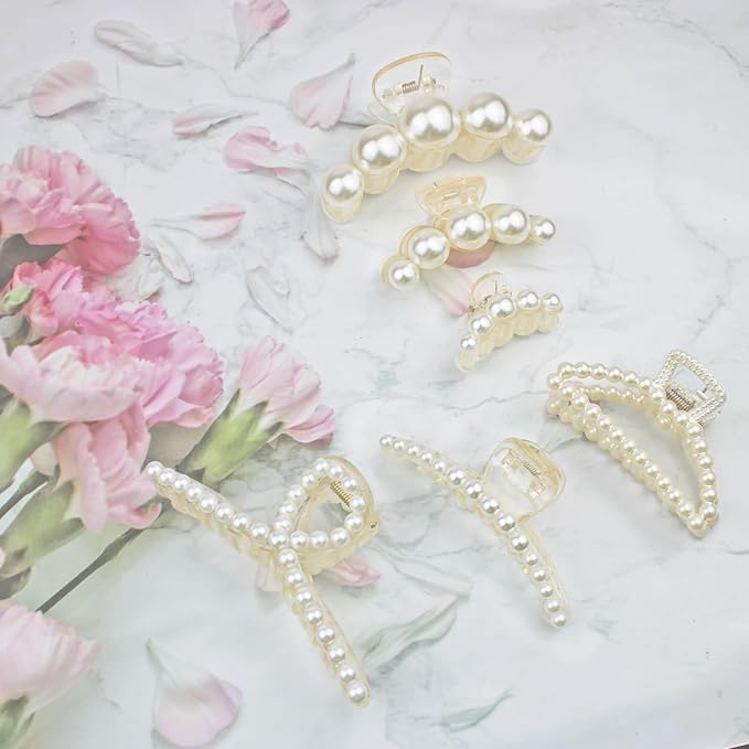 6 PCS Large Pearl Hair Claw Clips Medium Hair Barrette Clamps Small Fashion Hair Accessories for Women Big Banana Jaw Clip Barrettes Nonslip for Thick Thin Hair
