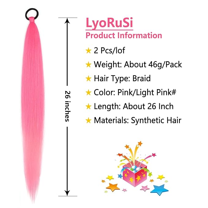 2 Pack Braid Ponytail Extension with Elastic Tie Straight Sleek Wrap Around Braid Wig Ponytail Pink gradient 26 Inch (Pink/Light Pink)