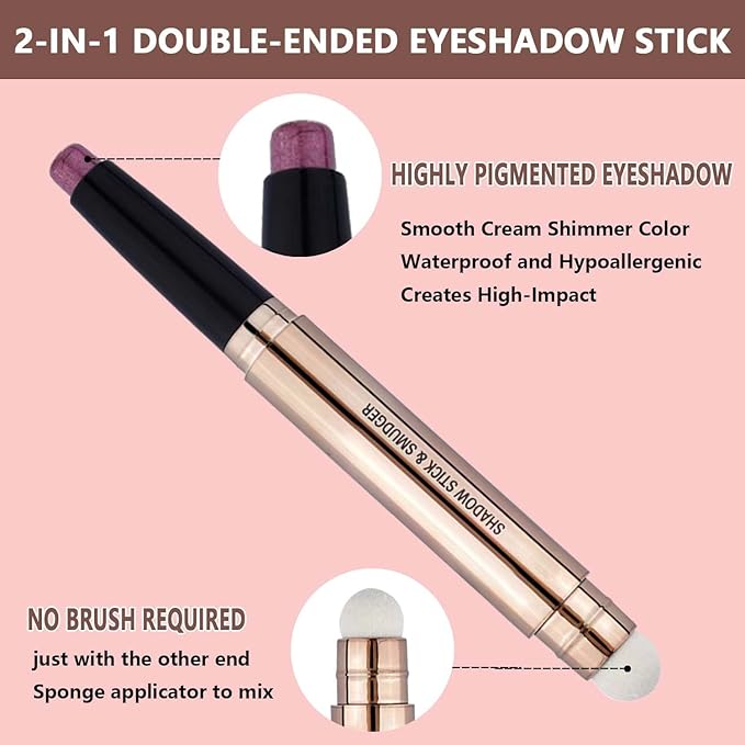 2 in 1 brown Eyeshadow stick and Sponge Makeup Brush, Smooth Cream Shimmer Shadow Pencil Long Lasting Waterproof Eye Shadow Highlighter Stick Makeup , Hypoallergenic Eyeshadow, Highlighter Eye Liner