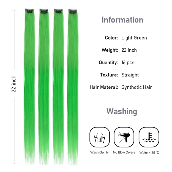 20 inch Green Clip in on Hair Extensions Colored Hair Accessories Party Highlights Long Straight Synthetic Hairpieces for Women Kids Girls16 PCS(Green)