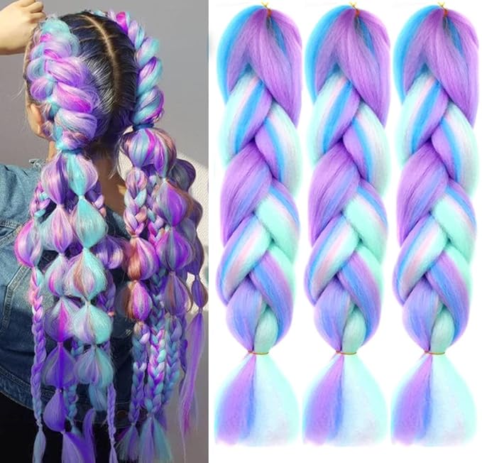 Ombre 4 Colors Mix Braiding Hair 3pcs Extensions Jumbo Hair Rainbow Color Colorful Twist Braid wigs Dreadlocks ( Pink /Purple/Green/Blue/ Light Cyan) (Lot 24Inch)