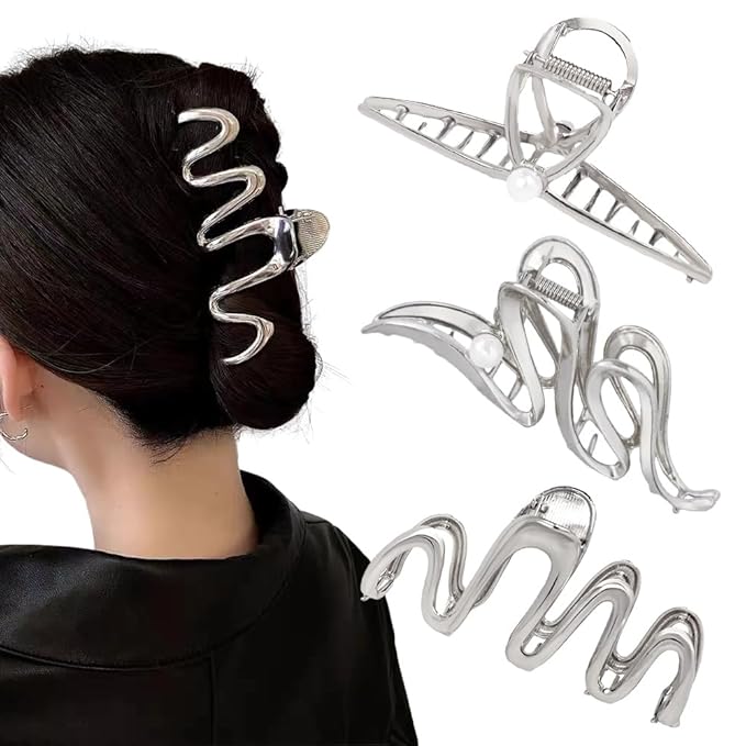 3 Pack Hair Claw Clips for Thick Long Hair, Silver Metal Wave Cross with Peal Big Jaw Clamps Hair Accessories for Women, Fashion Elegant Aesthetics Variety Hairgrip Styling Tools