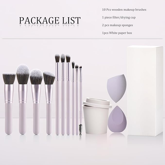 Purple 10Pcs Makeup Brushes, Wooden Makeup Brush set And Sponges And Water Filter Cup,Soft Make up Brush For Women/Girls, For Powder Foundation Eye Shadow Concealer, Etc., (Purple 13Pcs)