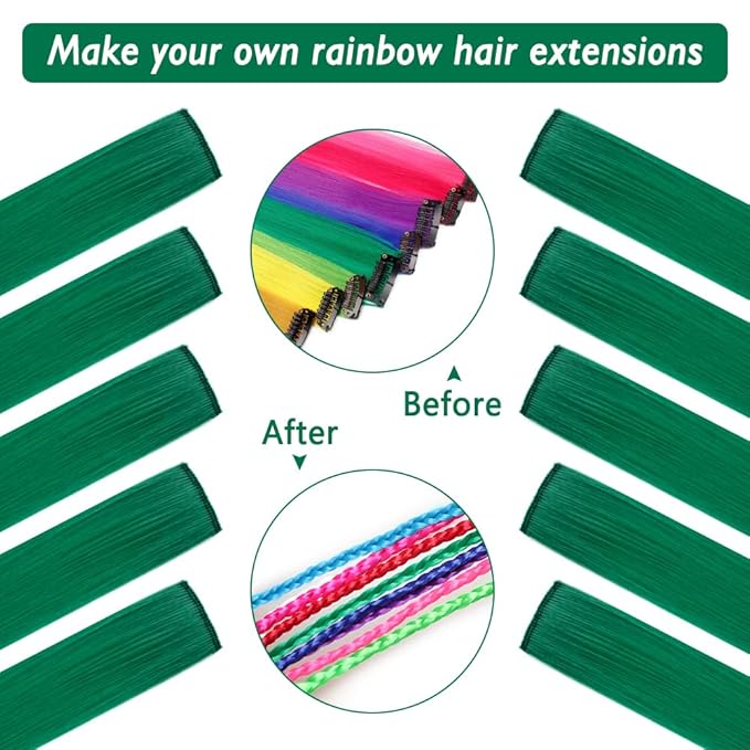 20 Inch Colored Hair Extensions, Party Highlights Straight Colorful Clip In Hair Extensions, Synthetic Rainbow Hairpieces for Girls Kids Gift(10Pcs Green)