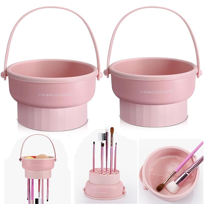 2 Pack Makeup Brush Cleaner Mat 3 in 1 Silicone Makeup Brush Cleaner Makeup Brush Cleaning Bowl Makeup Brush Sponge Scrubber Tool for Cleaning, Storage And Upside Down Drying(Two Pink)