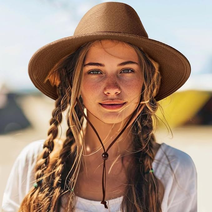 DRESHOW Women Straw Panama Hat Travel Fedora Beach Sun Hat Summer Wide Brim Straw Roll up Hat UPF 50+
