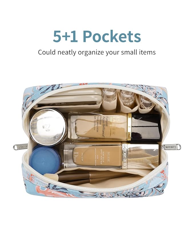 Narwey Small Makeup Bag for Purse Mini Cosmetic Bag Travel Makeup Pouch Zipper Pouch Cute Make up Bags with Compartments for Women Girls(Small, Aqua Flamingo)