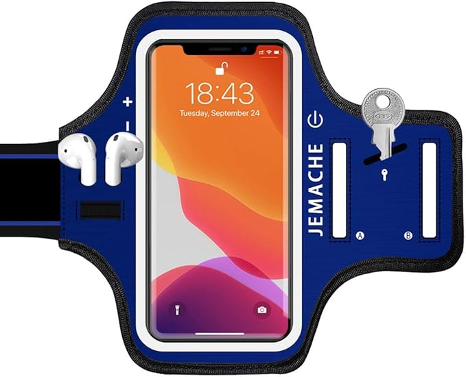 iPhone 16e 16 15 14 Armband with Earphone Holder, JEMACHE Water Resistant Gym Running Workouts Arm Band for iPhone 16e 16 15 14 13 12 11 Pro (Navy Blue)