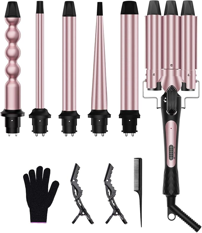 6 in 1 Curling Iron, Curling Wand Set with 3 Barrel Curling Iron and 5 Interchangeable Ceramic Curling Wand (0.35"-1.25”), Instant Heat Up 2 Temp Wand Curler, Include Heat Protective Glove & 2 Clips