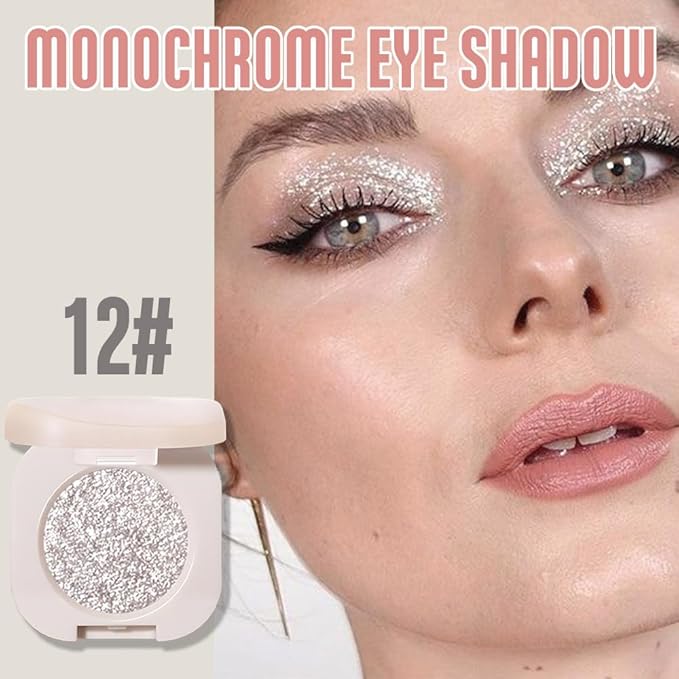 Monochrome Glittler Shimmer Eyeshadow Palette,Silver Gray White Shimmer Powder Eyeshadow,24 Hour Waterproof Blendable Pressed Glitter Single Eye Shadow Apply Makeup Easily, Vegan