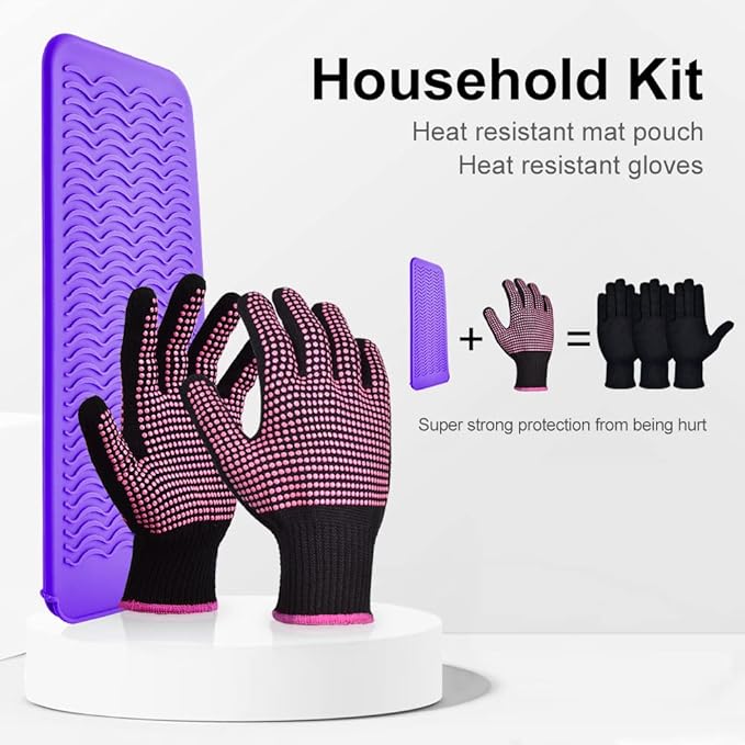 IKOCO Heat Gloves for Hair Styling, 2Pcs Heat Resistant Gloves with Silicone Mat Pouch for Curling Iron, Flat Iron, Straightener, Hot Hair Tools