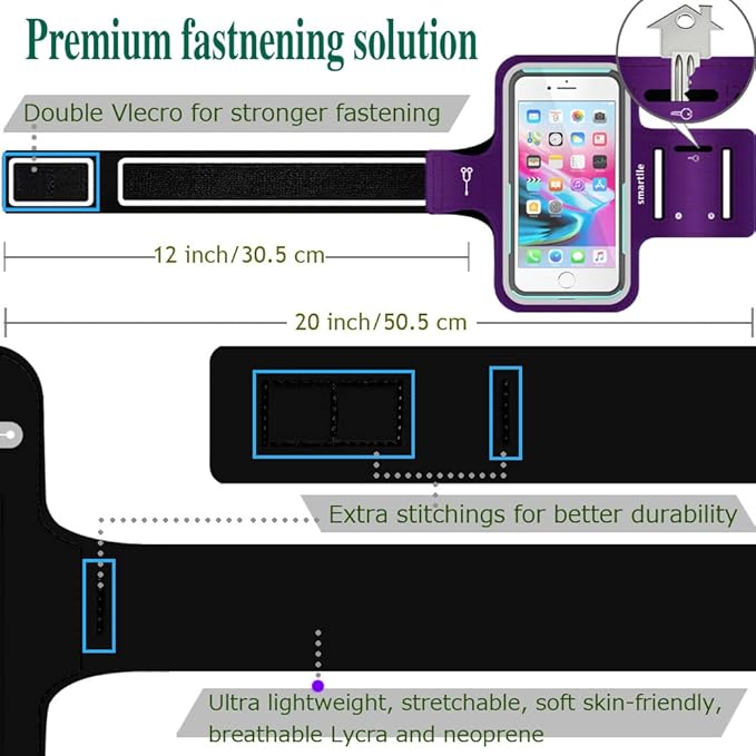 Arm Phone Holder for Running, Armband Cellphone for iPhone 15 14 13 12 11 Pro Max/XR/8 7 6s Plus, Galaxy A/S/Note Up to 6.9’’, for Exercise Gym Fitness Sports Gear-Purple