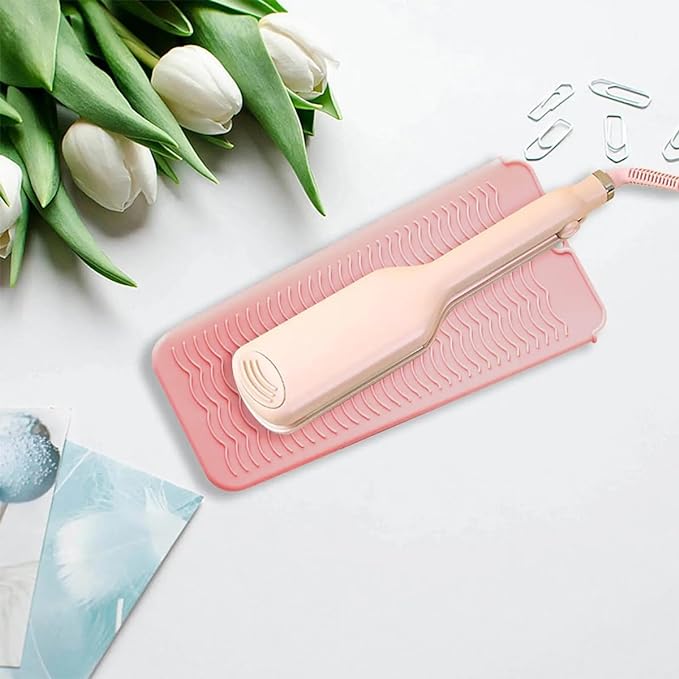 2 Heat Resistant Silicone Mat with Hanging Hole, Straightener Heat Resistant Travel Mat & Pouch for Curling Iron, Flat Iron and Other Hot Hair Styling Tools, 11 x 5 in, Pink+Green