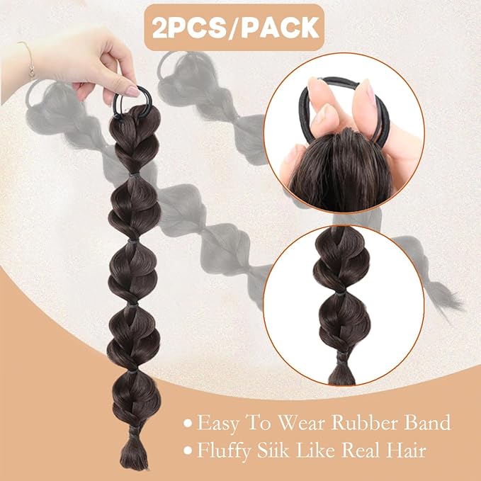 2 Pcs Bubble Ponytail Wig Synthetic Braided Hair Extensions With Ties and Band Wrap Around Hairpieces for Women Girls Daily Wear Accessories (Brownish Black)