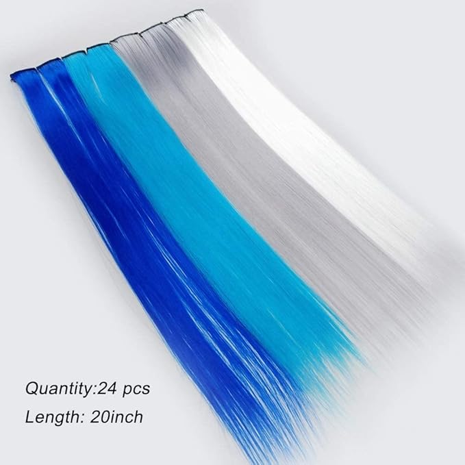 24 Pcs Colored Clip in Hair Extensions 20 Inch Long Straight Party Highlights Synthetic Hairpieces for Women Kids Girls(White, Gray, Blue, Navy blue)