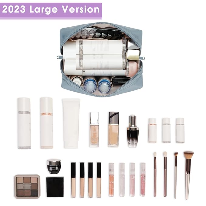 Narwey Cute Makeup Bag Travel Cosmetic Bag Organizer Toiletry Bag Make Up Bags with Compartments for Women Girls (Large, Greyish Blue)