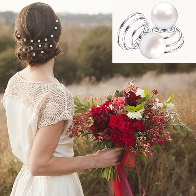 60 PCS 4 Shapes Gems Rhinestone Twister Hair Studs Set Diamond Spiral Pearl Flower Jewels Hair Pins Sticks for Wedding, Bridal, Prom, Party and Special Occasion, Pearl