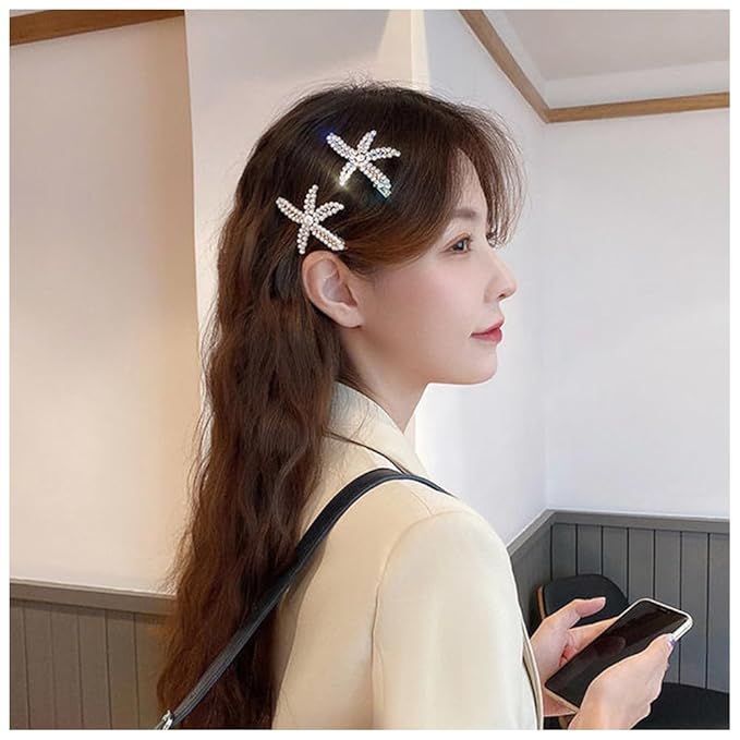 2 Pcs Starfish Hair Clips Mermaid Costume Rhinestone Hair Clips Beach Ocean Hair Accessories Women and Girls (Silver)