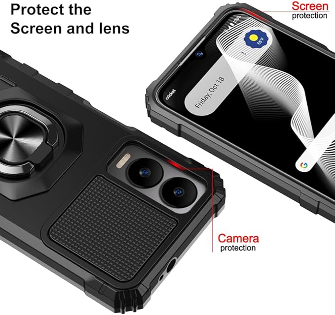 for Cricket Icon 6 / ATT Verge Case with 1 Pack Screen Protector,Dual Layer Hybrid Heavy Duty Defender Protection,Sleek Rugged Reinforced Cushion Corner Kickstand Shockproof Bumper Cover Black