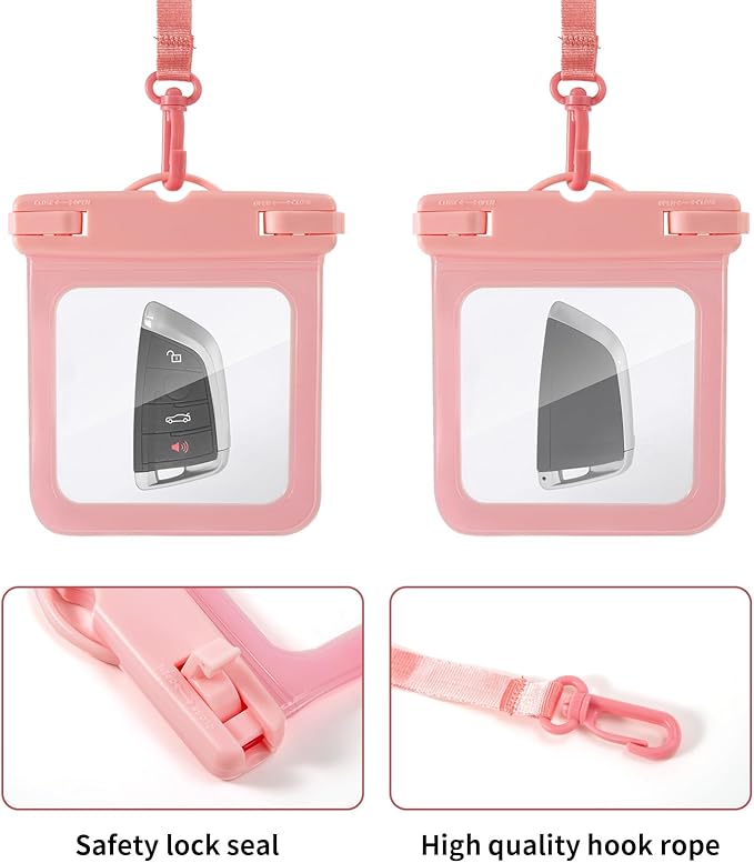 2 Pack Submersible Waterproof Wallet Dry Car Key Fob Case Bag,Swimming Surfing Water Sports Small Waterproof Pouch Holder for Door Ship Card Credit ID Card Driver Fishing License Cash Coins-Pink