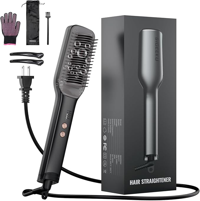 Hair Straightener Brush, Negative Ion Flat Iron & Straightening Comb 2 in 1 with Convenient Comb, Fast Heating, Anti-Scalding, 30s Fast Heating, 5 Temp Settings 284℉ - 392℉ (Gunmetal Gray)