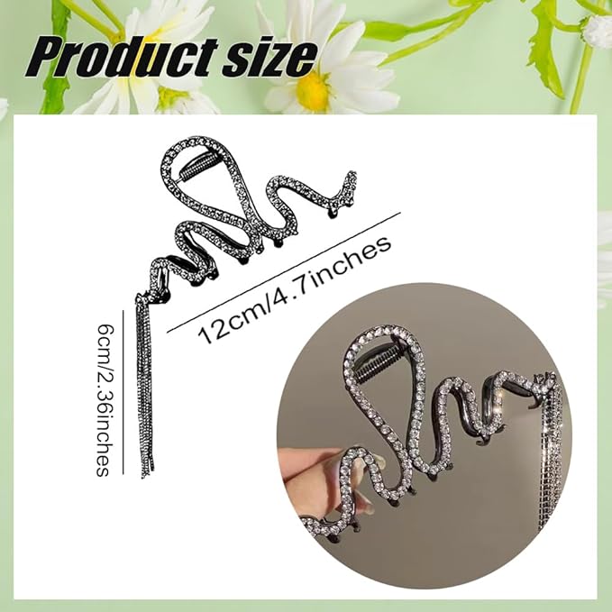 1 Pack Snake Hair Claw Clips Metal Black Crystal Rhinestone Hair Clips with Tassel Pendant Design Hair Accessories Strong Hold Large Hair Catch Jaw Clips Y2k Punk Hair Barrette Hairpins for Women Girl