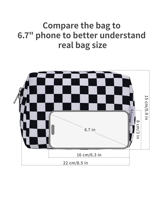 Narwey Checkered Makeup Bag Travel Cosmetic Bag Organizer Toiletry Bag Make Up Bags with Compartments for Women Girls (Large, Black Checkerboard)
