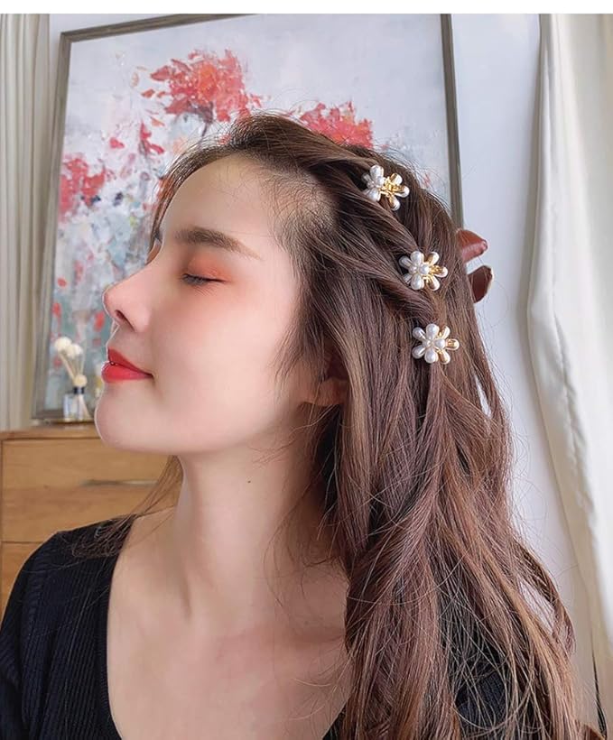 Mini Pearl Hair Barrettes for Women Girls, 10pcs Sweet Artificial Pearl Hair Clips, Flower Pins Clips for Party Wedding Daily