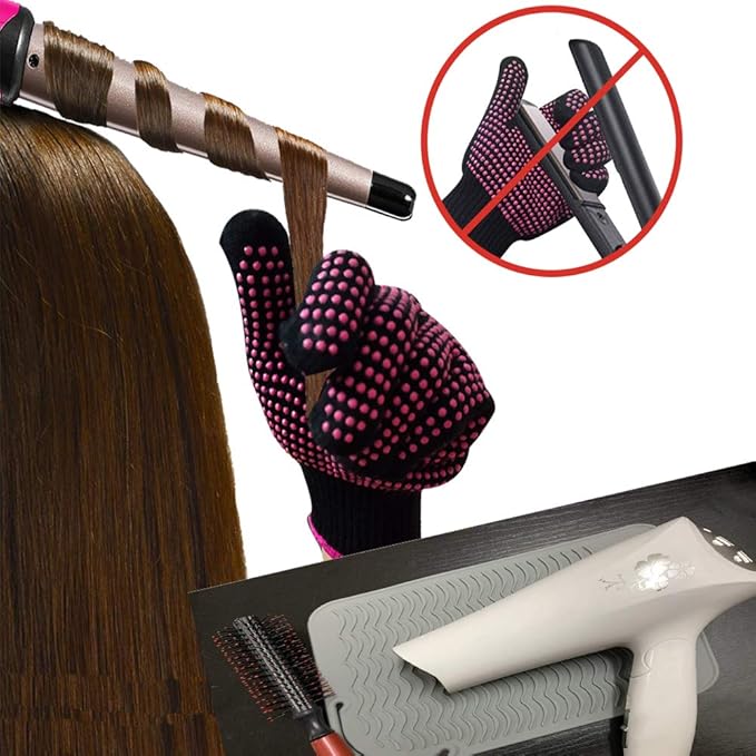 Heat Resistant Glove with Silicone Bump Mat for Curling Iron, Hair Straightener, Flat Irons - 9 x 6.5 Food Grade Mat, Grey