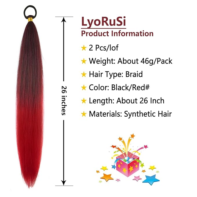 2 Pack Braid Ponytail Extension with Elastic Tie Straight Sleek Wrap Around Braid Wig Ponytail Black Red gradient 26 Inch (Black/Red)