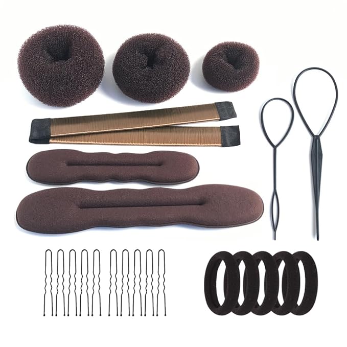 Hair Accessories Set - Foam Sponge Bun Shapers, Magic French Twist Clip, Snap Bun Makers, Elastic Bands, and Hair Pins (Brown)