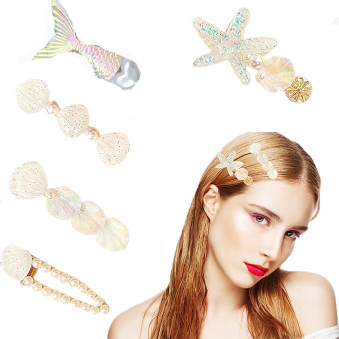 5 Pcs Starfish Seashell Hair Clips Mermaid Costume Pearl Beach Ocean Hair Accessories Women and Girls (White)