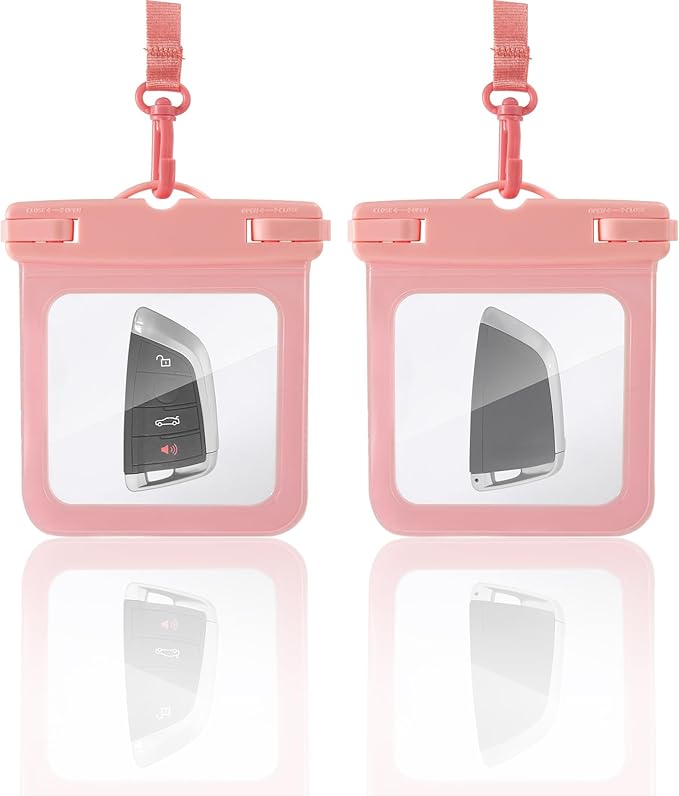 2 Pack Submersible Waterproof Wallet Dry Car Key Fob Case Bag,Swimming Surfing Water Sports Small Waterproof Pouch Holder for Door Ship Card Credit ID Card Driver Fishing License Cash Coins-Pink