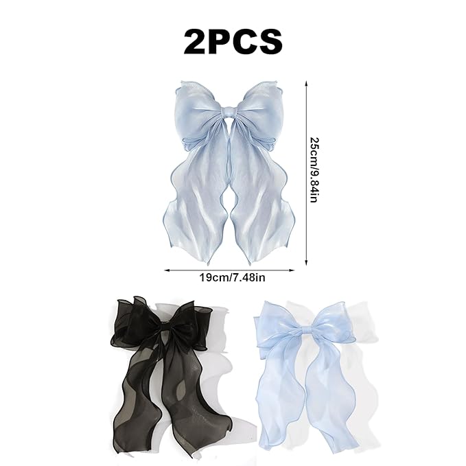 2PCS Large Blue Hair Bows, Chiffon Hair Ribbon Clips, Vintage Ribbon Bows Hair Clips, Oversized Hair Bow Barrettes for Women, Cute Long Tail Hair Bows Hair Styling Accessories