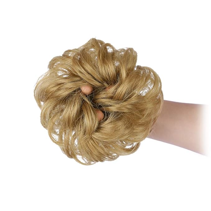 MORICA 1PCS Messy Hair Bun Hair Scrunchies Extension Curly Wavy Messy Bun Hair Synthetic Chignon Hairpieces for Women (27/24# (Strawberry Blonde & Bleach Blonde))
