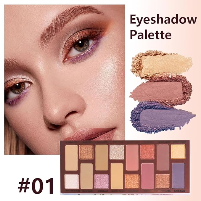 Sixteen Color Matte Shimmer Eyeshadow Makeup Palette, Nude Rose red Brown Purple Coffee Yellow 16 Color Series, Daily Life & Prom Velvety Matte Glitter Finish Eye Makeup Looks, Vegan & Cruelty-Free