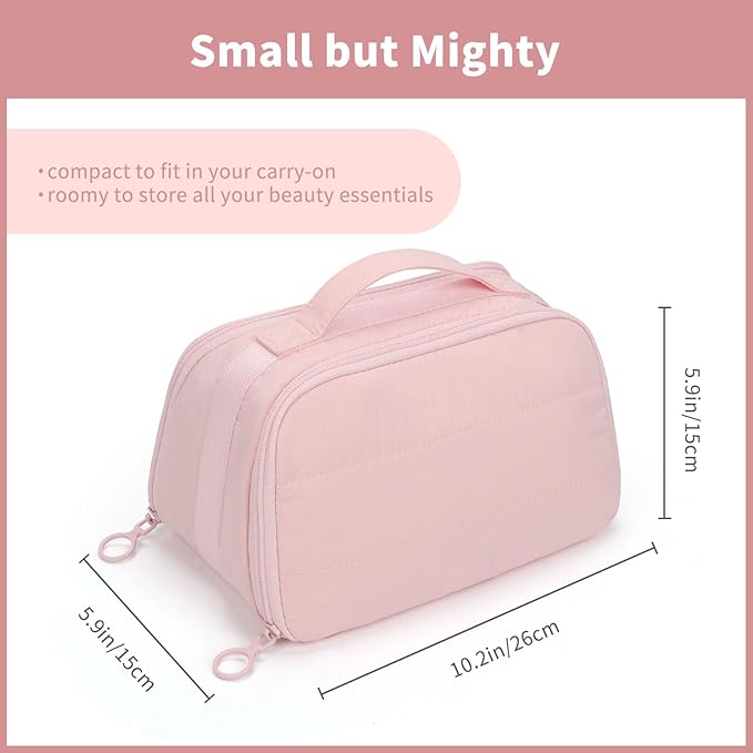 OCHEAL Travel Makeup Bag - Wide Open Cosmetic Bag for Women Make up with Two Compartments, Portable Lightweight Roomy Organizer Toiletry Bag for Girls Skincare tools Accessories-Pink