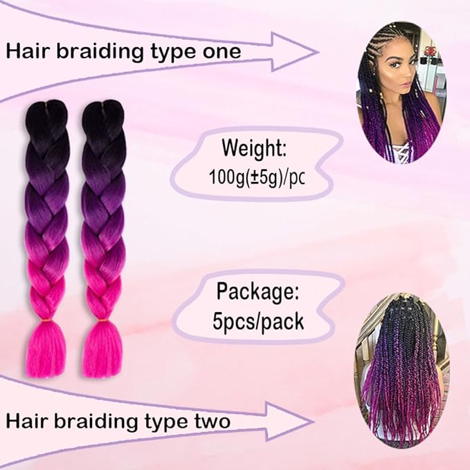 Ombre Braiding hair synthetic Crochet braids twist 24inch 5pcs/lot 100g Ombre two three tone Jumbo braid hair extensions Dreadlocks (black-purple-rose)